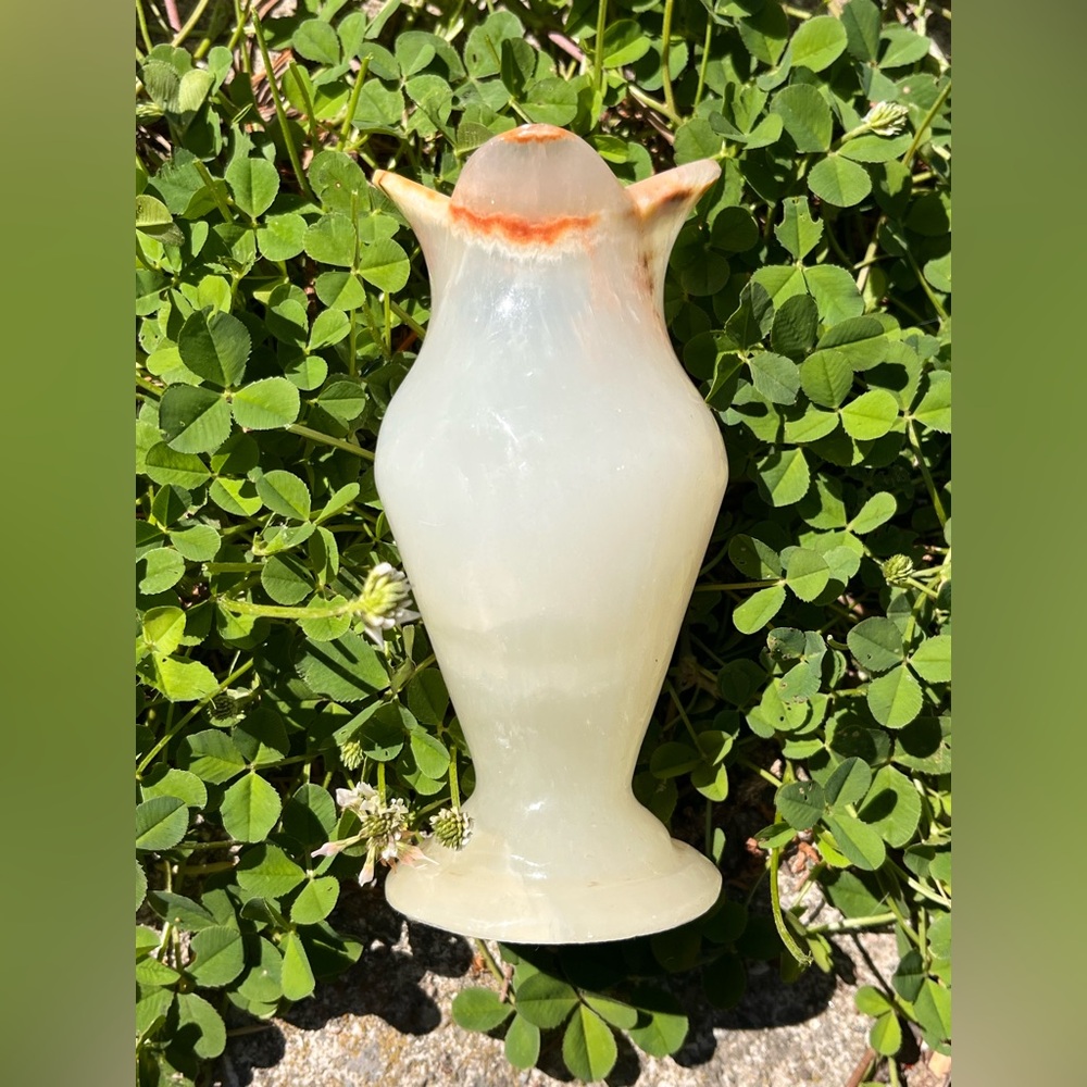 Handcrafted White Onyx Decorative Vase/ Candlestick with Subtle Orange Rim